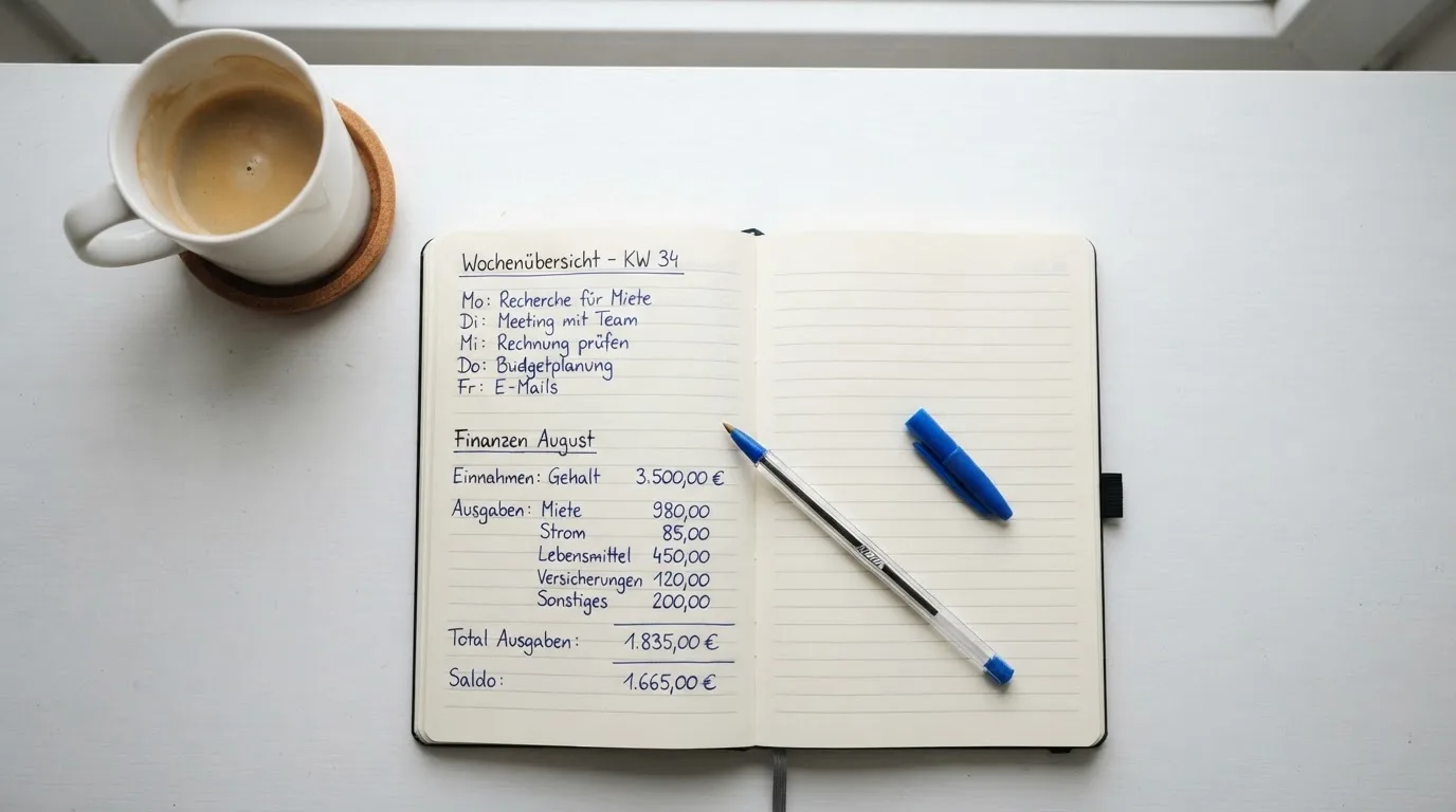 Ein aufgeschlagenes Notizbuch mit handschriftlichen Notizen und ein Kugelschreiber liegen auf einem hellen Schreibtisch neben einer Kaffeetasse.