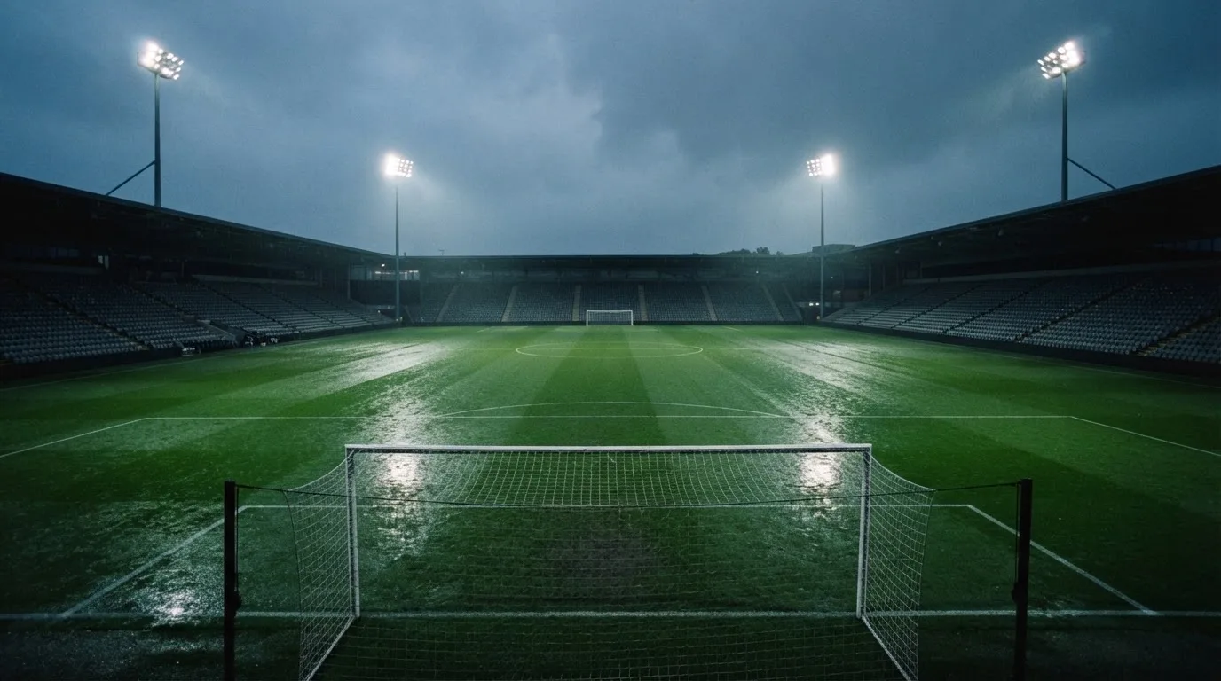 Ein Fußballplatz mit Flutlichtmasten in der Abenddämmerung, aus der Ferne gesehen, leere Tribünen und nasser Rasen unter bewölktem Himmel.