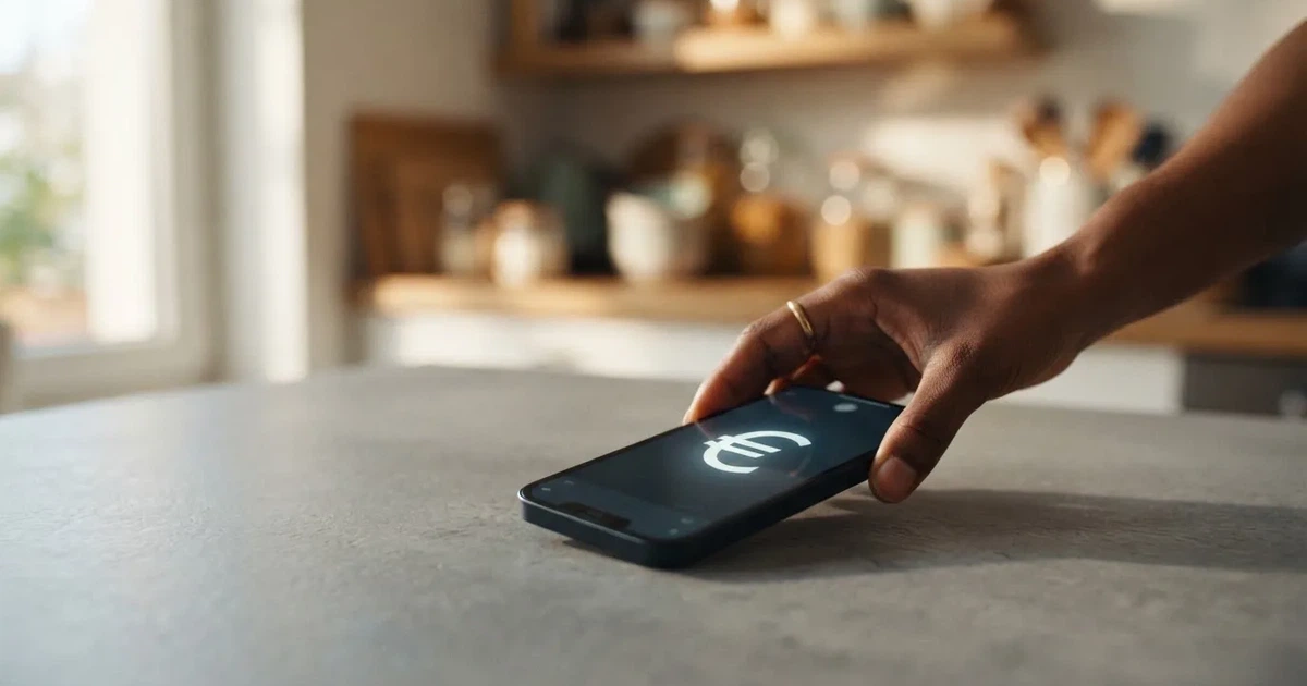 Eine Hand legt ein paar Münzen neben ein umgedrehtes Smartphone auf eine graue Tischplatte, dahinter verschwommen ein Küchenregal.