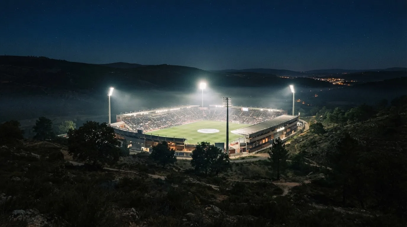 Ein Stadion unter Flutlicht bei Nacht, von einem Hügel aus der Ferne betrachtet, mit Dunst über dem Spielfeld.