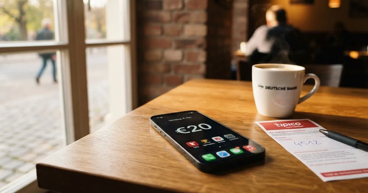 Zwei Euro-Scheine und ein Smartphone liegen auf einem Holztisch neben einer Tasse, im Hintergrund ein unscharfes Fenster.