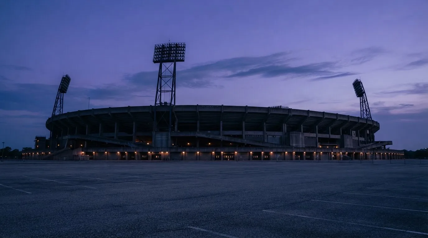 Ein Fußballstadion von außen in der Dämmerung, hohe Flutlichtmasten vor einem violetten Himmel, davor ein leerer Parkplatz.