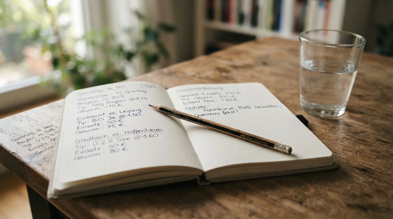 Ein aufgeschlagenes Heft mit handschriftlichen Notizen und ein Bleistift liegen auf einem Schreibtisch, daneben ein Glas Wasser.