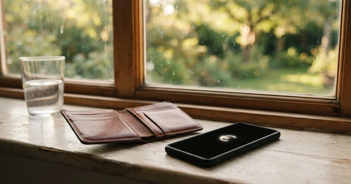 Eine Geldbörse aus Leder liegt geöffnet neben einem Smartphone auf einer Fensterbank, im Hintergrund ein Garten im Gegenlicht.