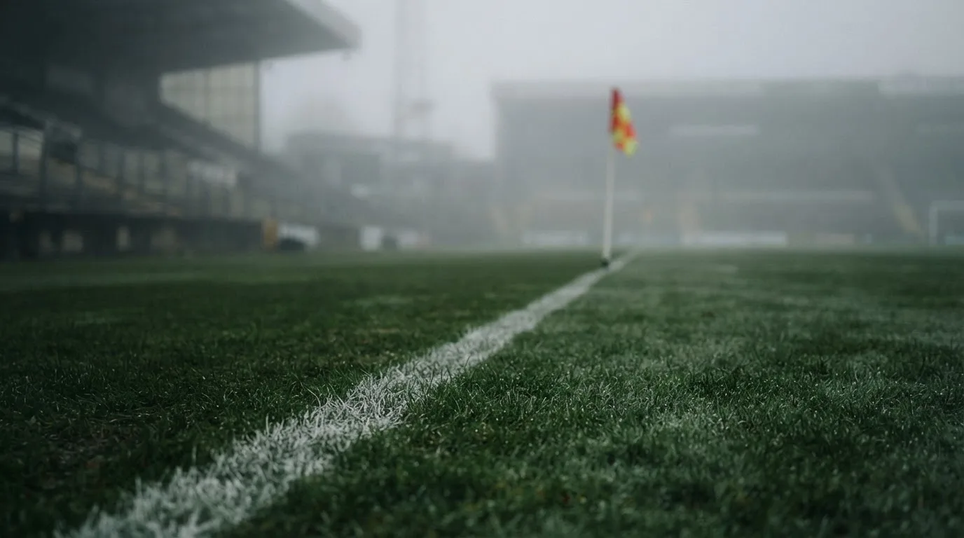 Der Rand eines Spielfelds mit weißer Linie und Eckfahne bei Nebel am frühen Morgen, ohne Menschen.