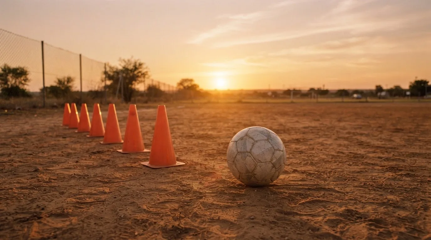 Ein Fußball auf rotem Sandboden neben einer Reihe Hütchen auf einem Trainingsplatz bei untergehender Sonne.