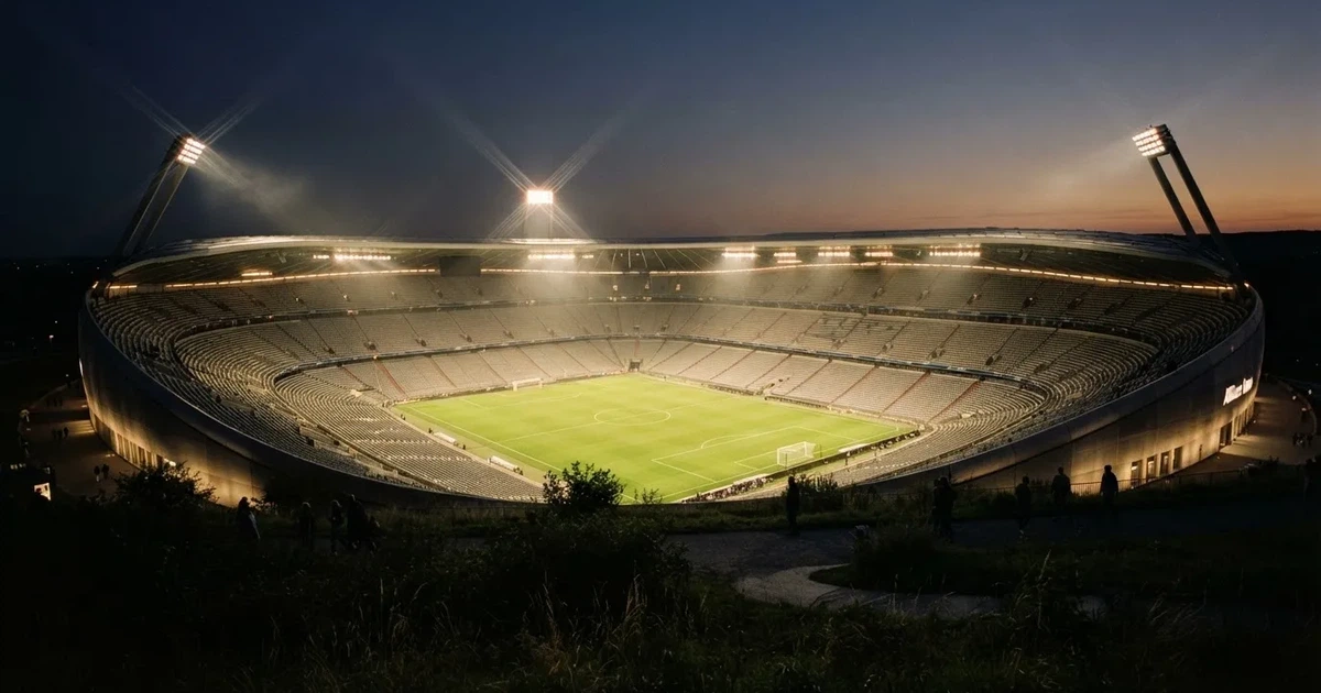 Ein Fußballstadion unter Flutlicht mit hellen Rängen, von einem Hügel aus gesehen, darüber ein dunkelblauer Abendhimmel.
