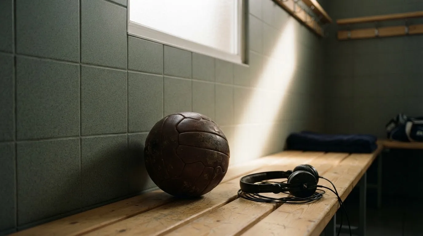 Ein Fußball liegt neben Kopfhörern auf einer Holzbank in einer Umkleide, Licht fällt durch ein schmales Fenster.