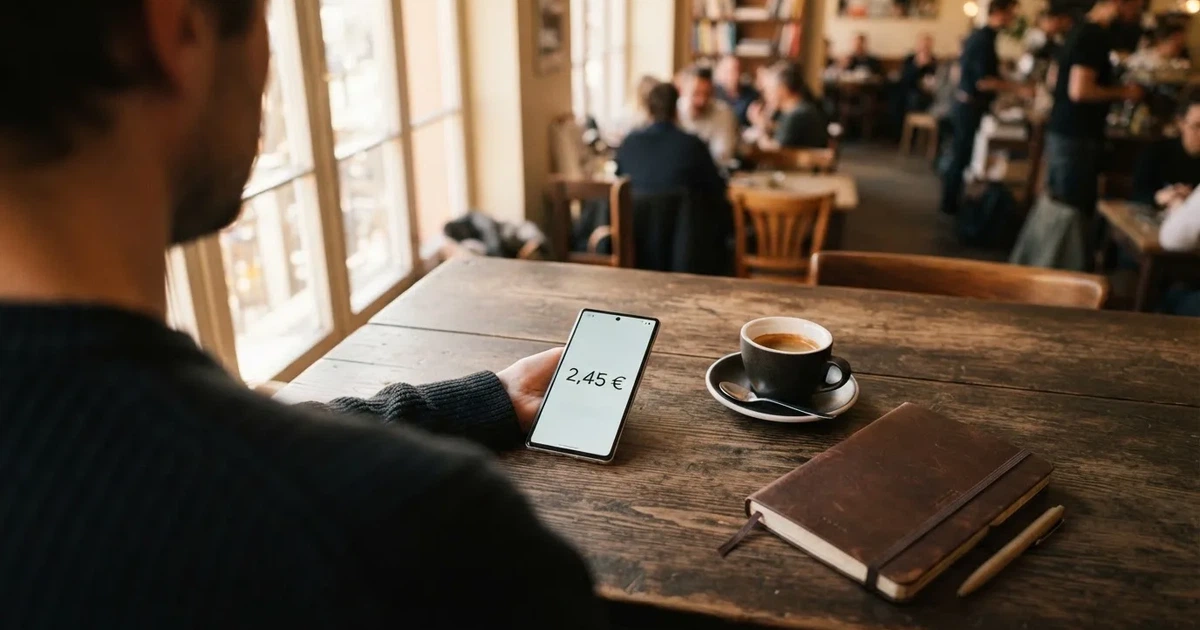 Ein Smartphone mit dunklem Bildschirm liegt auf einem Tisch in einem Café, daneben eine Tasse und ein Notizbuch.