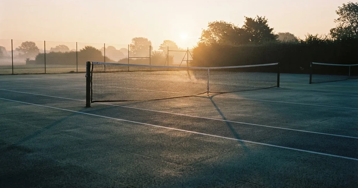Ein leerer Tennisplatz mit Hartplatzbelag in der Morgendämmerung, das Netz im Gegenlicht und lange Schatten der Linien.