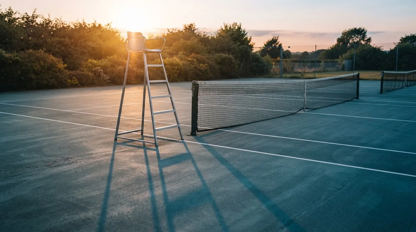 Ein leerer Schiedsrichterstuhl am Spielfeldrand eines Tennisplatzes im Abendlicht, lange Schatten auf dem Belag.