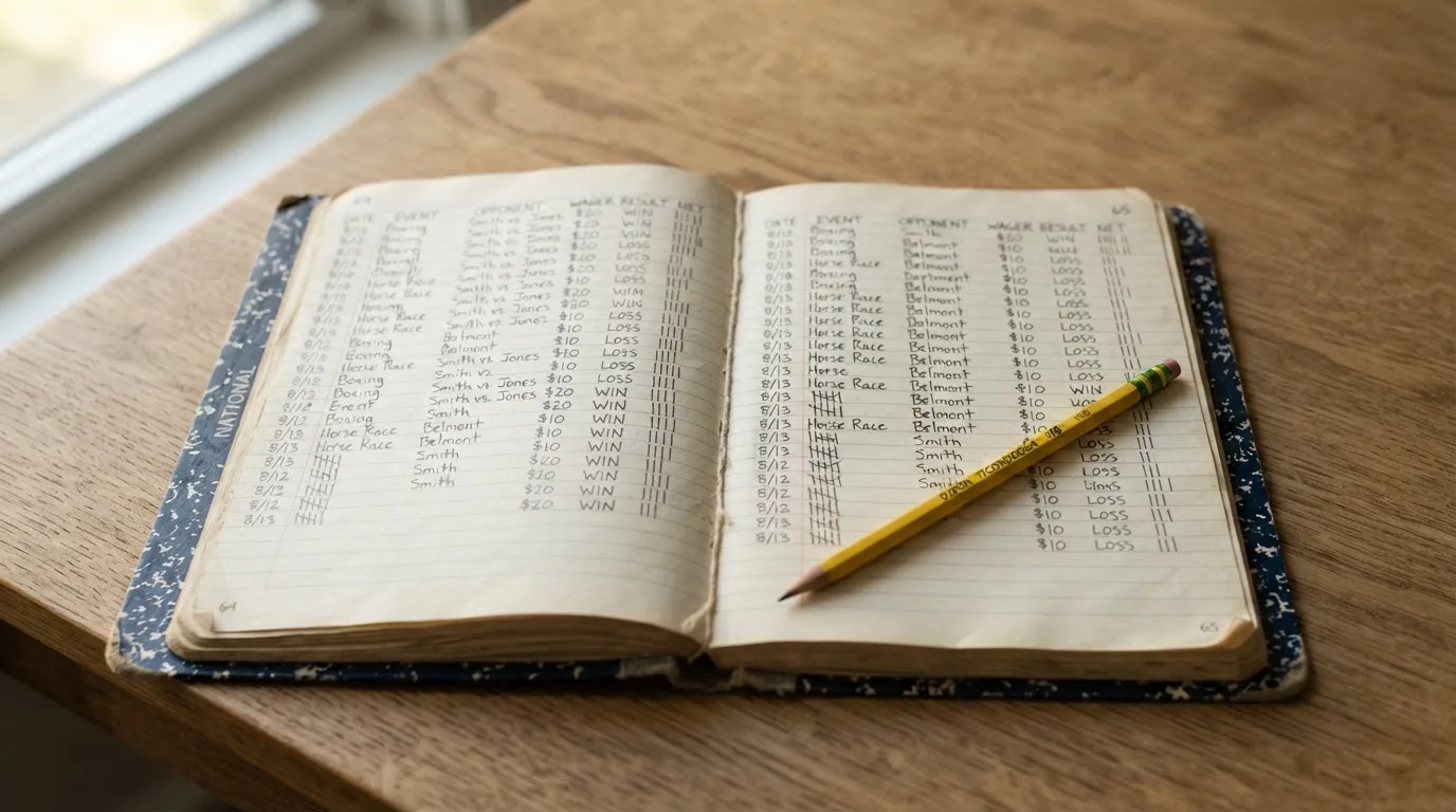 Ein handschriftlich geführtes Heft mit Strichlisten liegt neben einem Bleistift auf einem Tisch, seitlich fällt Tageslicht herein.