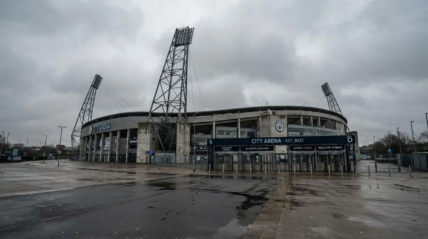 Ein leeres Stadion von außen, hohe Flutlichtmasten vor einem grauen Himmel mit Regenwolken.