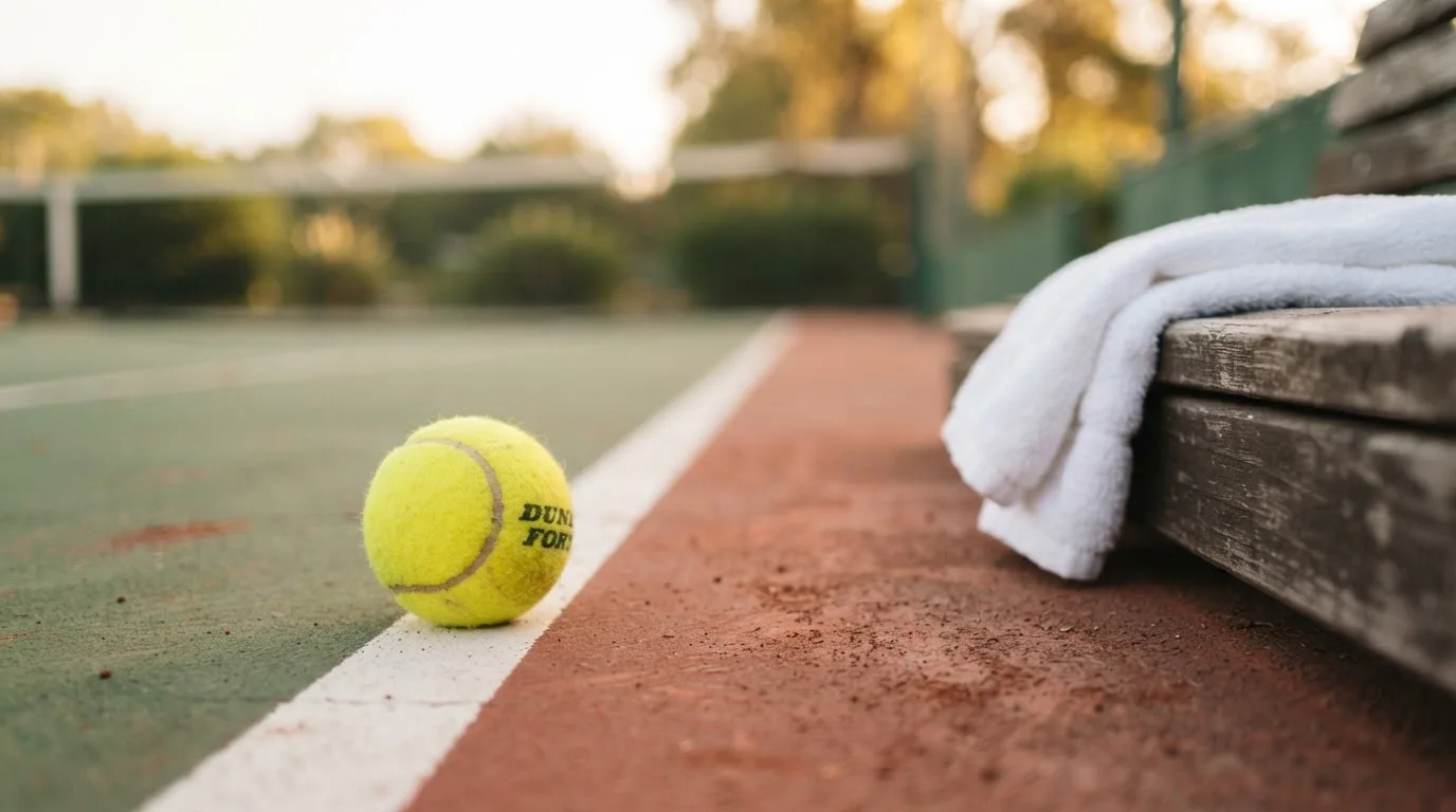 Ein gelber Tennisball liegt auf einer weißen Linie, daneben ein Handtuch auf einer Bank am Spielfeldrand.
