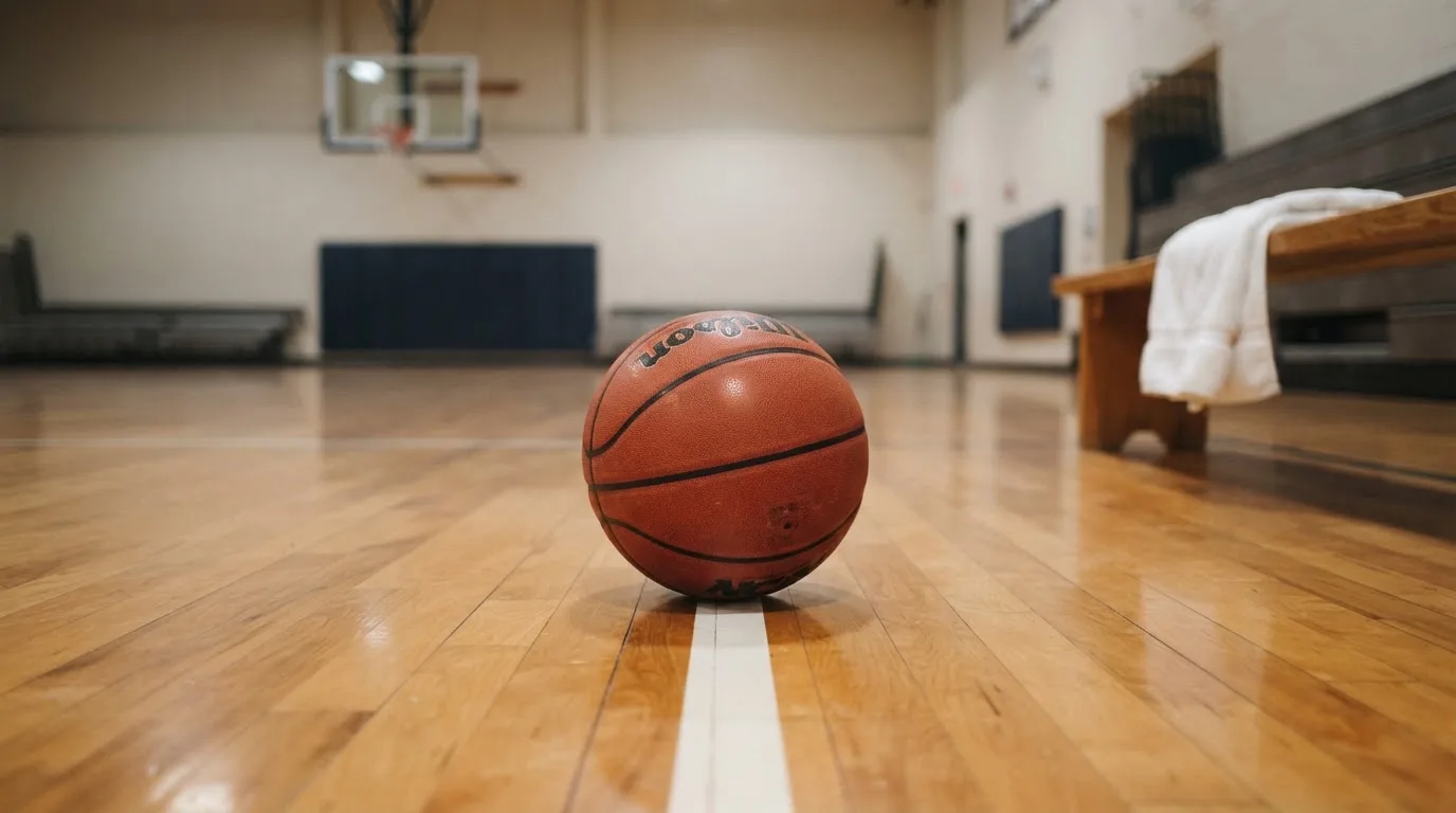 Ein Basketball liegt auf der Freiwurflinie einer Halle, im Vordergrund ein Handtuch auf einer Bank.
