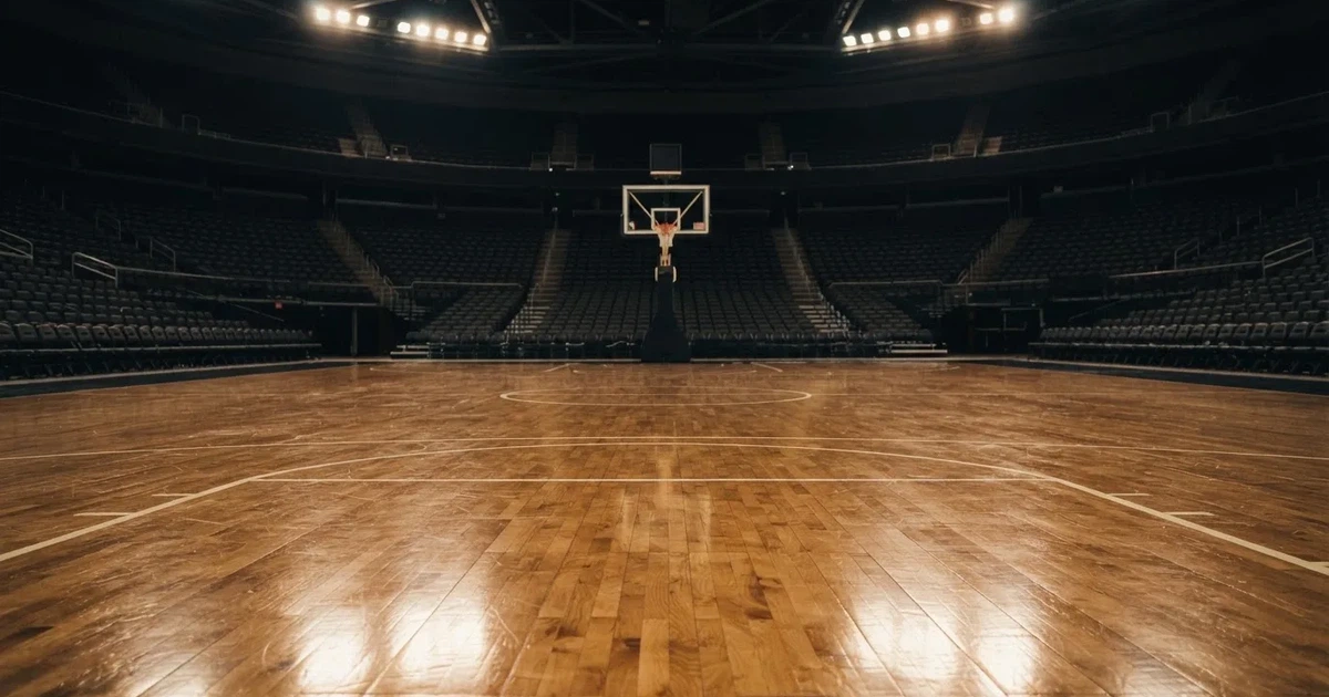 Eine leere Basketballhalle mit glänzendem Parkett und einem Korb im Hintergrund, Licht von Deckenstrahlern spiegelt sich im Boden.