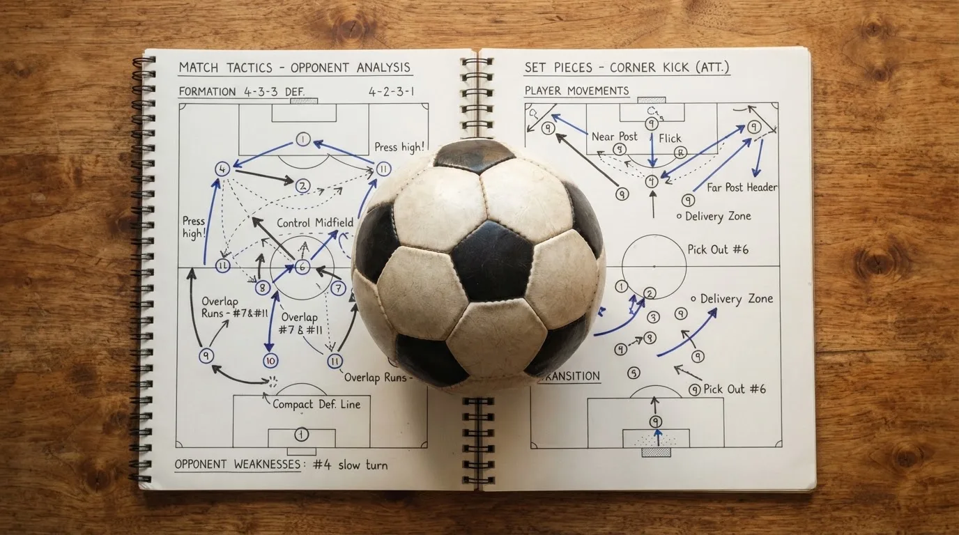 Ein Fußball liegt auf einem Notizbuch mit handgezeichneten Skizzen von Spielzügen, aufgenommen von oben auf einem Holztisch.