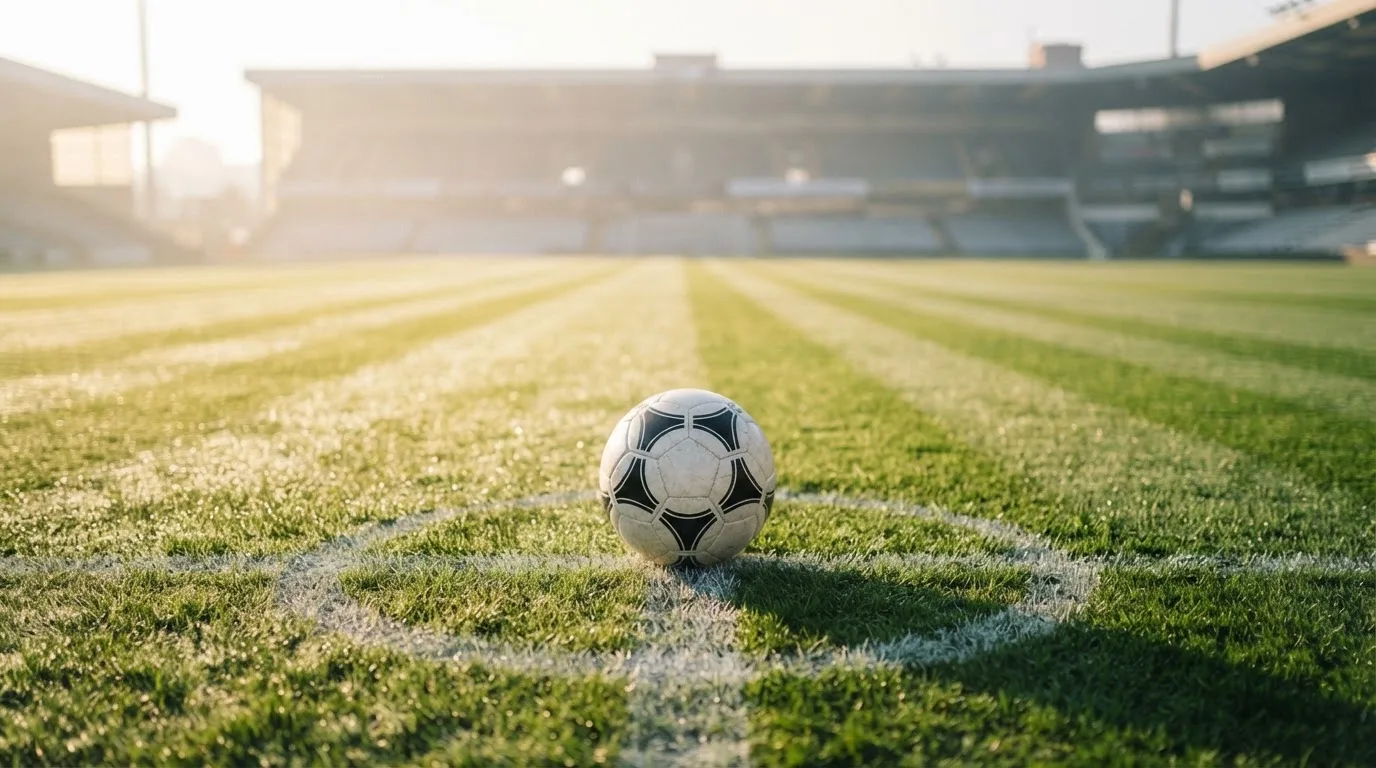 Ein Fußball liegt auf dem Anstoßpunkt eines Rasens bei Sonnenaufgang, Tau glitzert auf den Halmen.