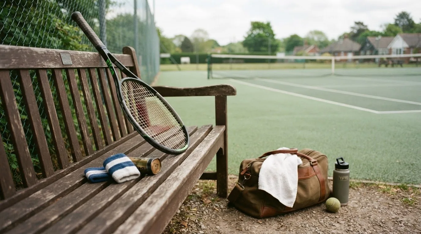 Ein Tennisschläger lehnt an einer Bank neben einer Sporttasche, im Hintergrund ein leerer Platz.