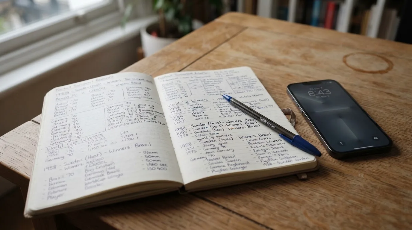 Ein Notizbuch mit handschriftlichen Notizen und ein Kugelschreiber liegen neben einem Smartphone mit dunklem Display auf einem Holztisch.