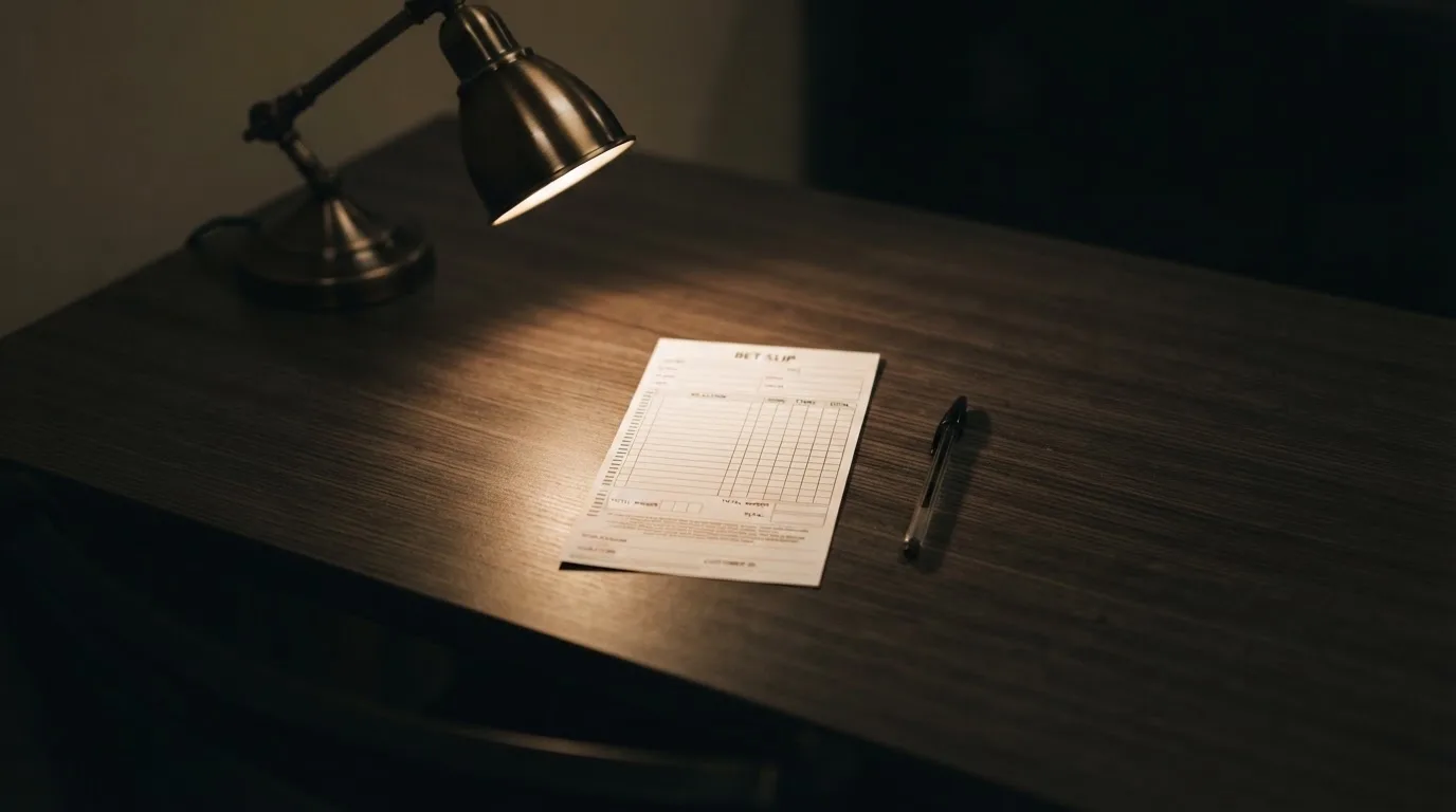 Ein leerer Wettschein aus Papier liegt neben einem Stift auf einem Schreibtisch im Licht einer kleinen Tischlampe.