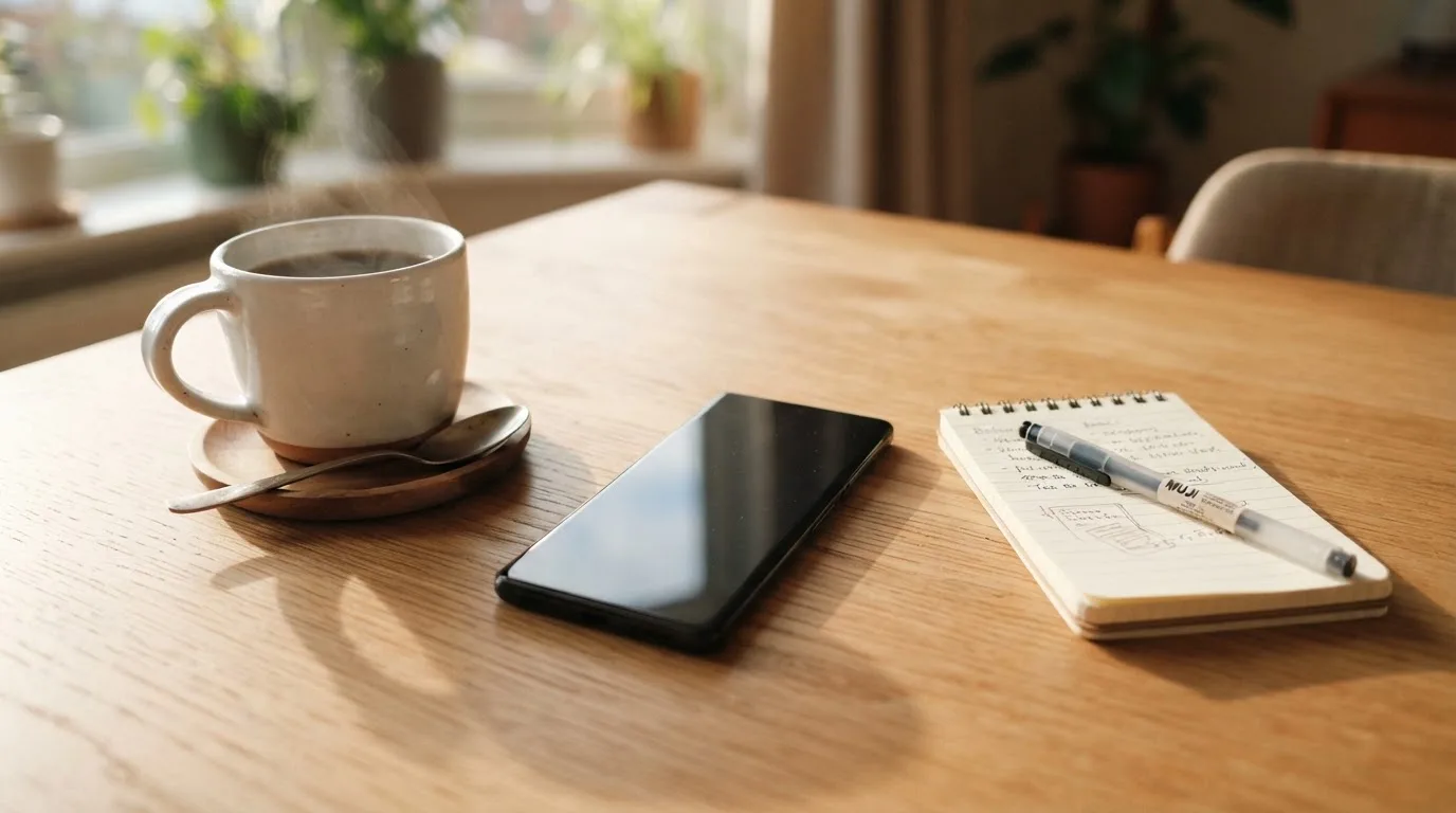 Ein Smartphone mit dunklem Display liegt neben einer Kaffeetasse und einem Notizblock auf einem hellen Tisch.