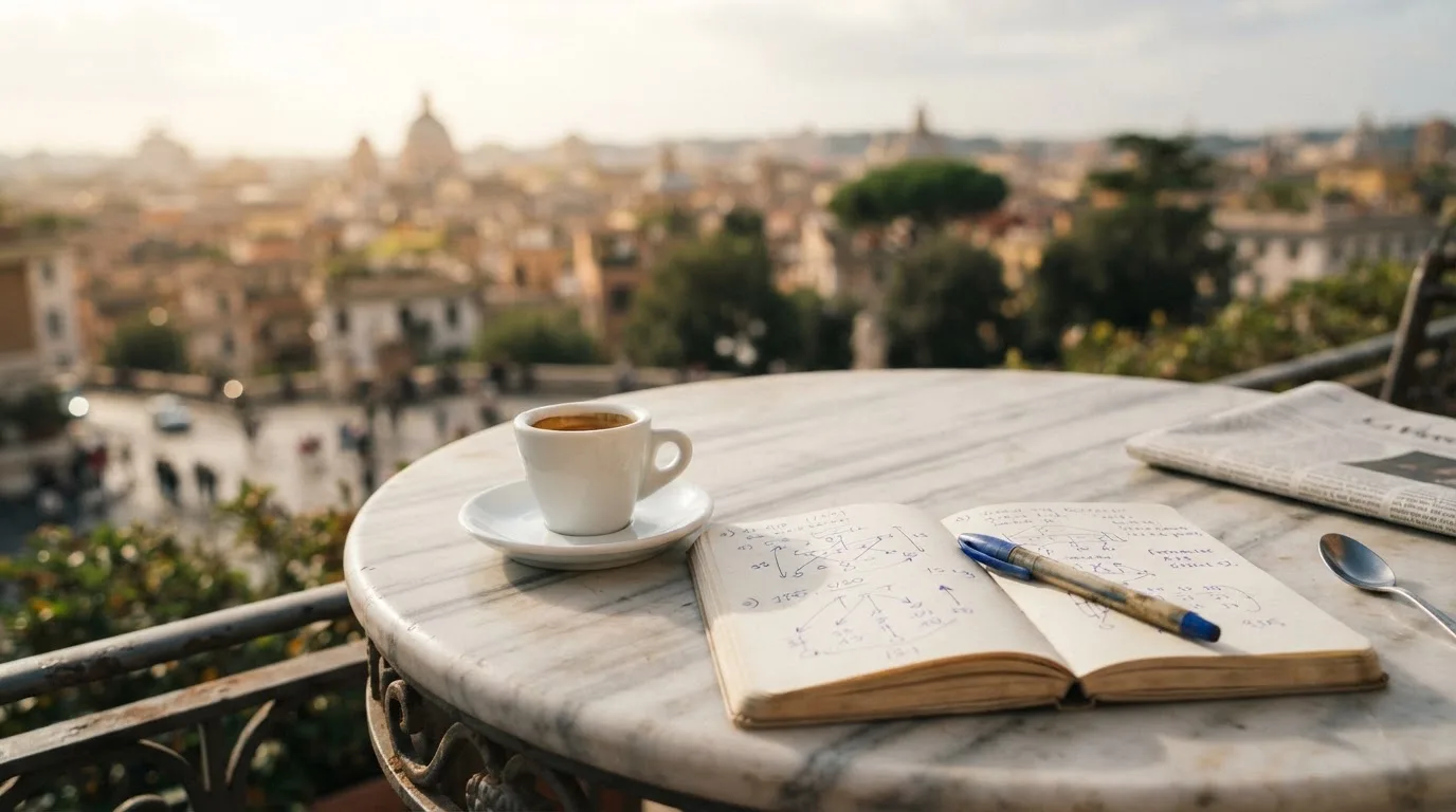 Eine Espressotasse steht auf einem kleinen Marmortisch einer Terrasse, daneben ein Notizheft mit handschriftlichen Skizzen.