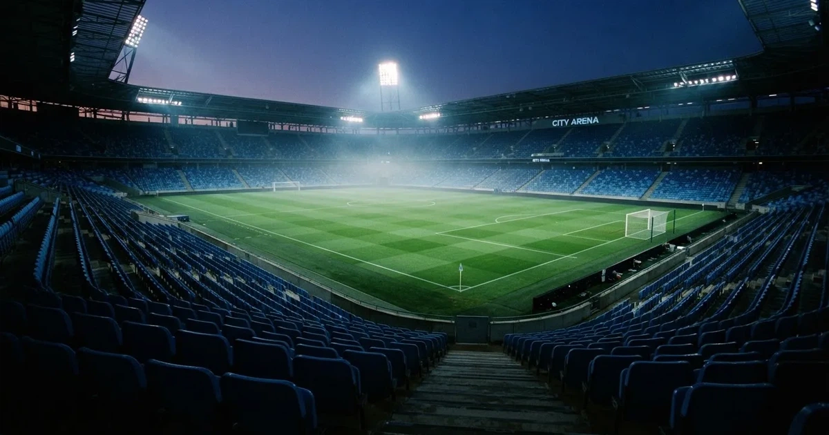 Leere Sitzreihen eines großen Stadions unter Flutlicht, dahinter die ferne Sicht auf den hell beleuchteten Rasen nach Sonnenuntergang.