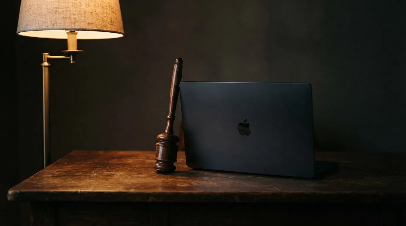 Ein Schreibtisch mit Stehlampe, einem geschlossenen Laptop und einem hölzernen Richterhammer im Halbdunkel.