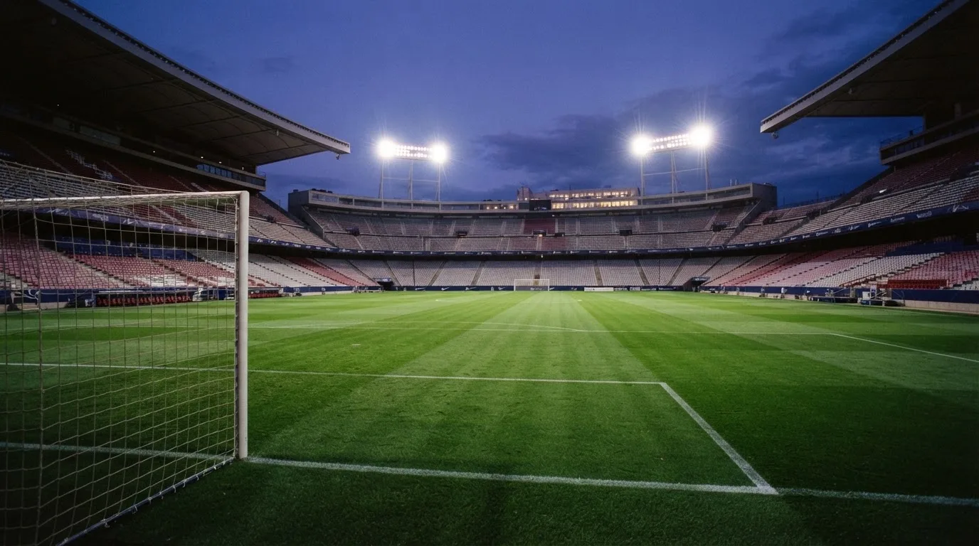 Eine leere Stadiontribüne unter Flutlicht aus der Ferne betrachtet, die Rasenfläche leuchtet grün in der Dämmerung.