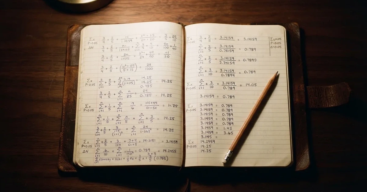 Ein aufgeschlagenes Notizbuch mit handschriftlichen Zahlenreihen und ein Bleistift liegen neben einem Taschenrechner auf einem Schreibtisch.