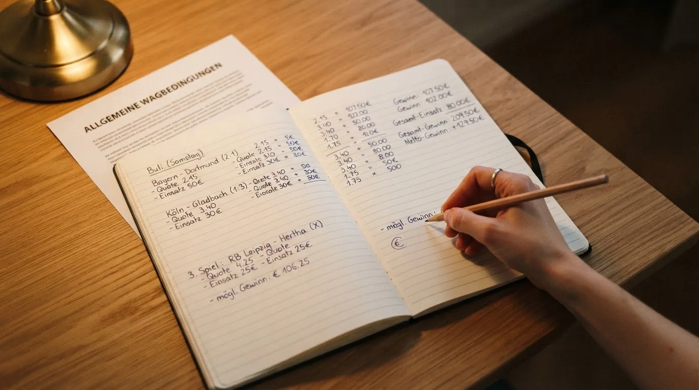 Ein Notizbuch mit handschriftlichen Rechnungen und ein Taschenrechner liegen auf einem aufgeräumten Schreibtisch in warmem Licht.