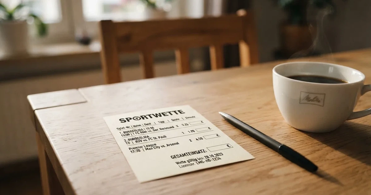 Ein leerer Papier-Wettschein liegt neben einem Kugelschreiber und einer Kaffeetasse auf einem hellen Holztisch, Tageslicht von links.