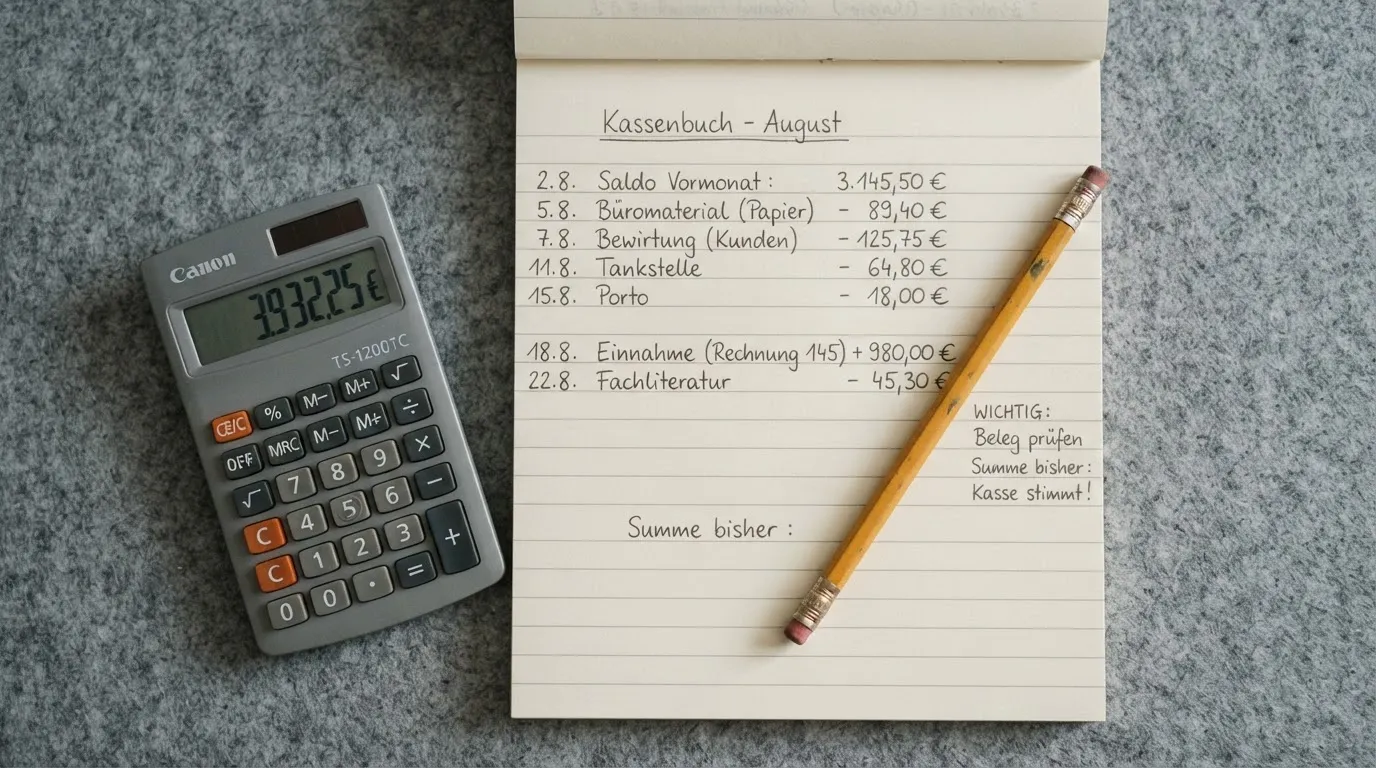 Ein Taschenrechner, ein Bleistift und ein Block mit handschriftlichen Zahlenreihen liegen auf einer grauen Arbeitsfläche.