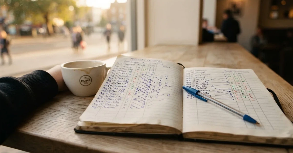 Ein aufgeklapptes Notizbuch mit handschriftlichen Pfeilen und Kreuzen liegt neben einem Kugelschreiber und einem Becher Kaffee auf einem Tisch am Fenster.