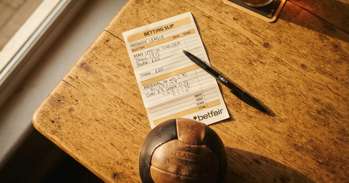 Ein leerer Papier-Wettschein und ein Kugelschreiber liegen neben einem kleinen Fußball auf einem Holztisch, weiches Fensterlicht.