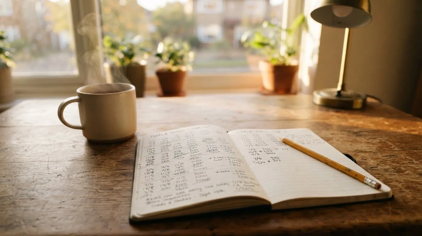 Ein Schreibtisch mit Taschenrechner, Bleistift und einem Block voller handschriftlicher Rechnungen, daneben eine Tasse Tee.
