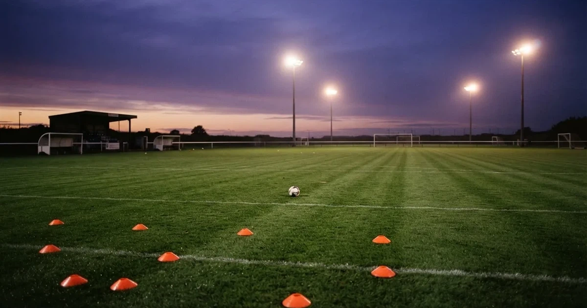 Eine Flutlichtanlage ragt über einen Trainingsplatz, auf dem Rasen liegen verstreut Hütchen und ein Ball, am Himmel die Abenddämmerung.