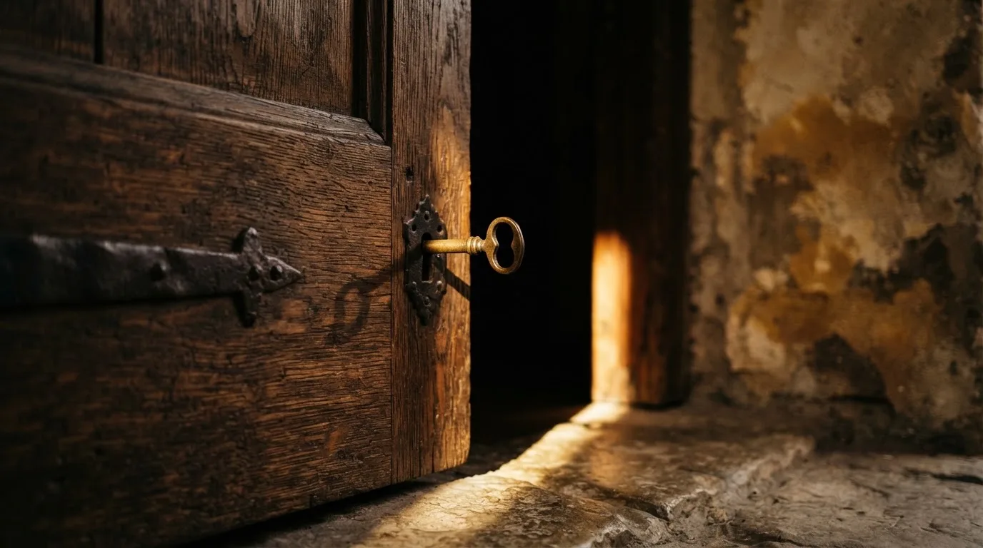 Ein Schlüssel steckt im Schloss einer massiven Holztür, Licht fällt durch einen schmalen Spalt.