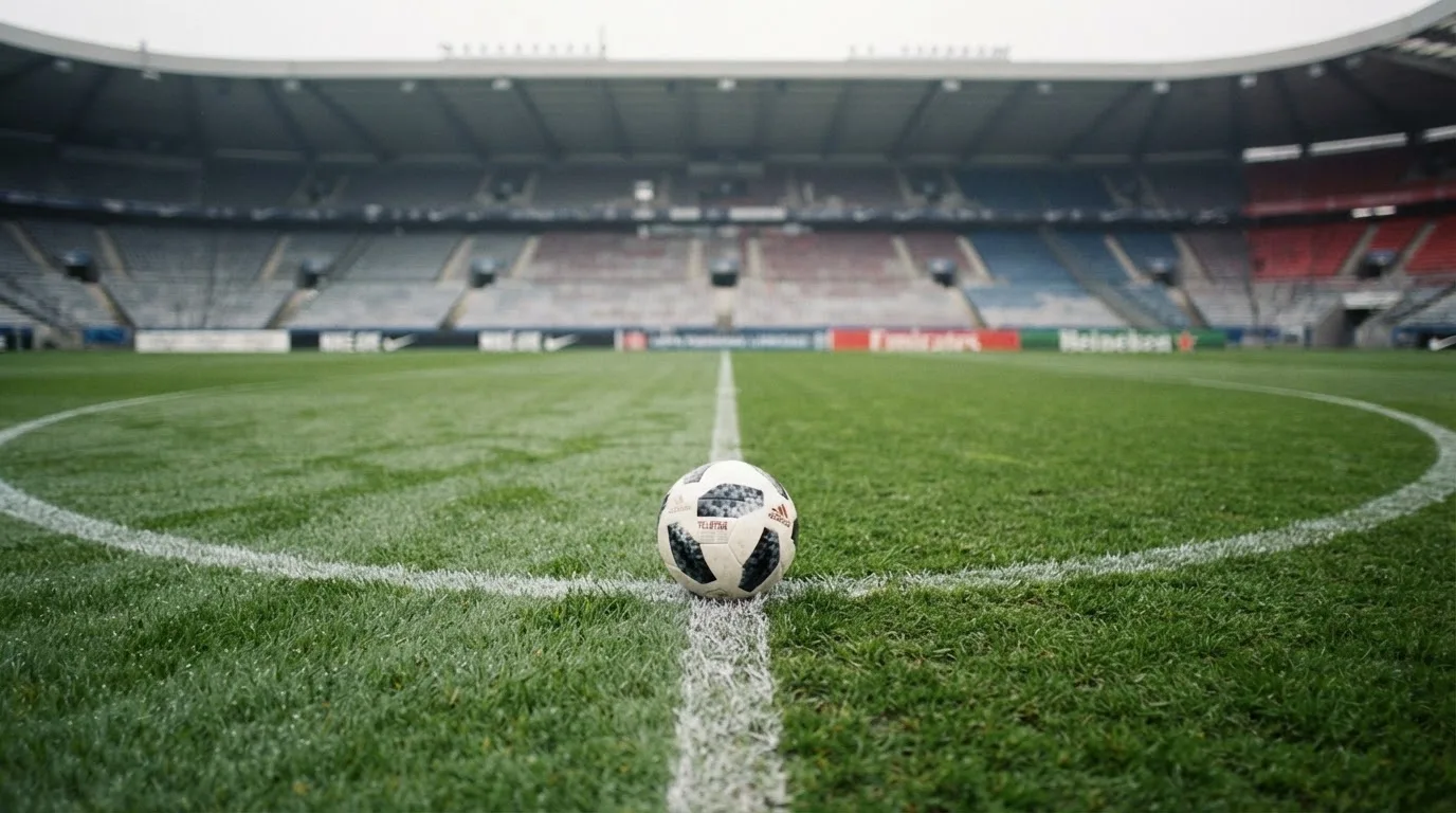 Ein Fußball liegt auf dem Rasen im Mittelkreis, die Kreidelinien führen scharf ins Bild, dahinter verschwimmt eine Tribüne.