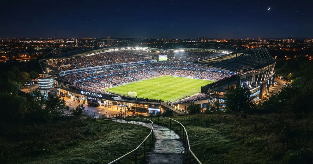 Ein großes Stadion bei Nacht, aus der Ferne unter Flutlicht gesehen, die Ränge hell erleuchtet, der Rasen leuchtend grün.