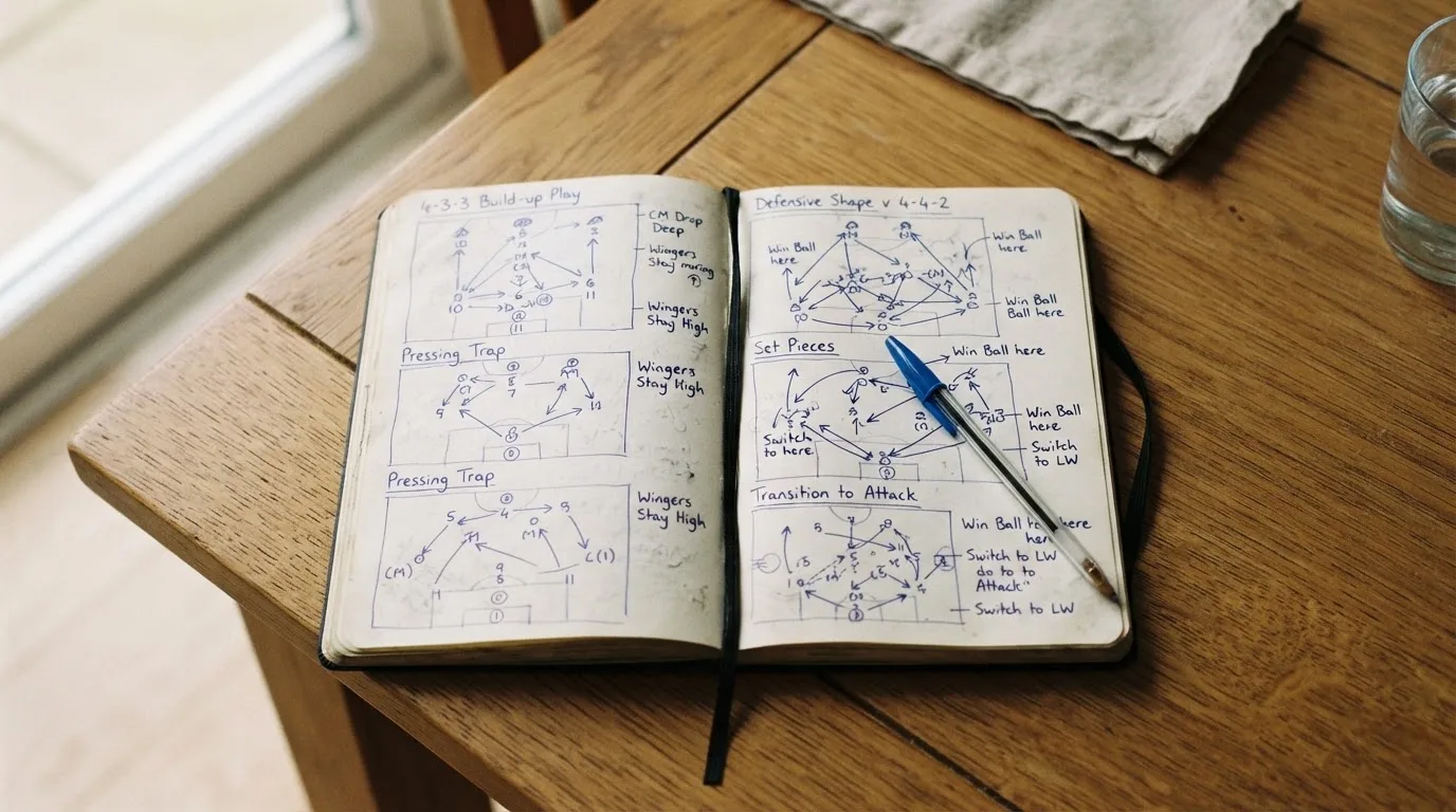 Ein aufgeschlagenes Notizbuch mit handschriftlichen Skizzen von Spielzügen liegt neben einem Kugelschreiber auf einem Holztisch.
