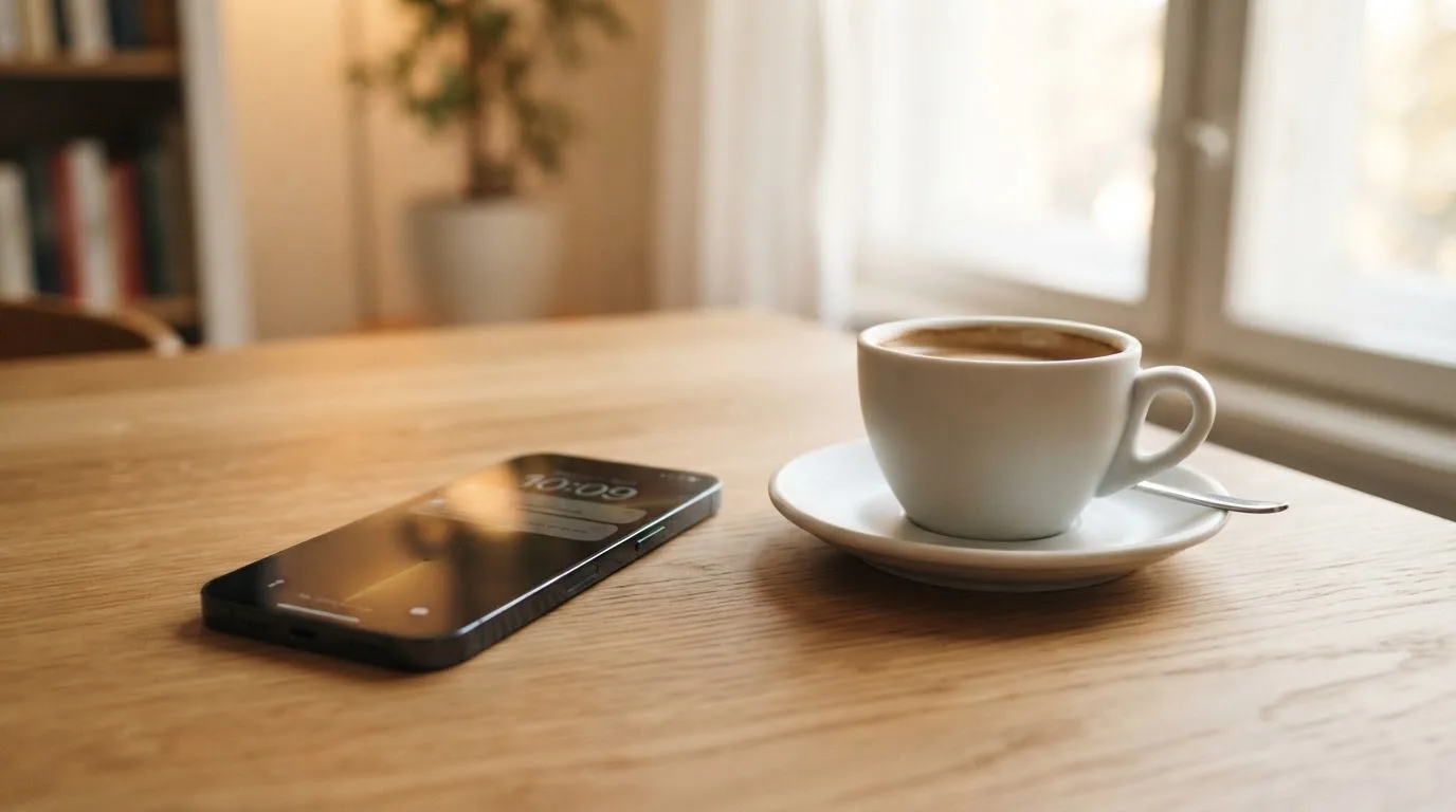 Ein Smartphone mit dunklem Display liegt neben einer Kaffeetasse auf einem Holztisch im Licht eines Fensters.