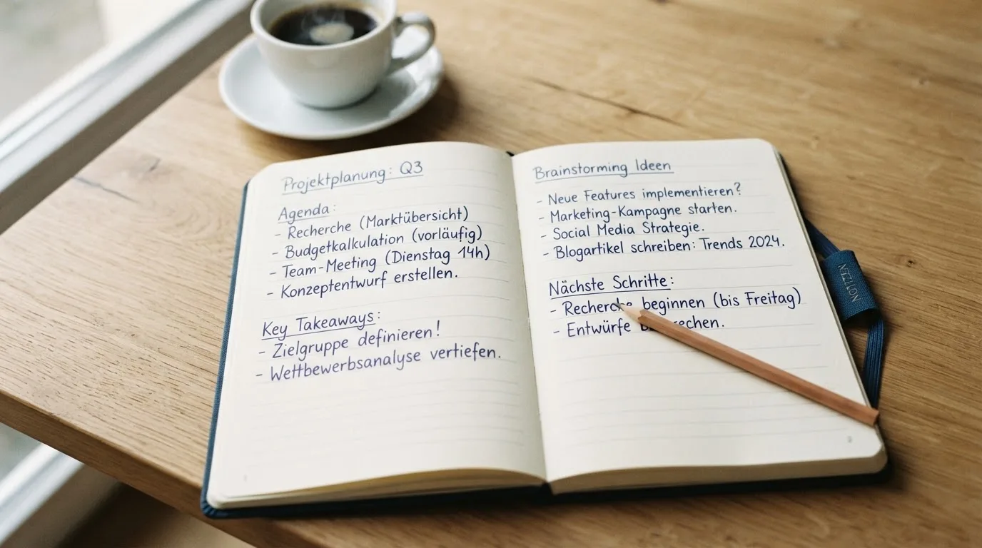 Ein aufgeschlagenes Notizbuch mit handgeschriebenen Stichpunkten und ein Bleistift liegen neben einer Kaffeetasse auf einem hellen Holztisch.