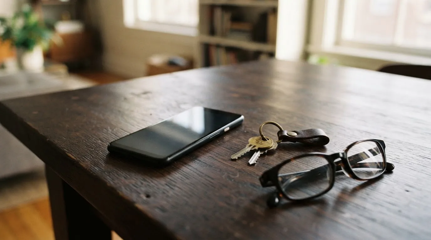 Ein Smartphone liegt mit dunklem Display auf einem Holztisch neben einem Schlüsselbund und einer Brille im Licht eines Fensters.