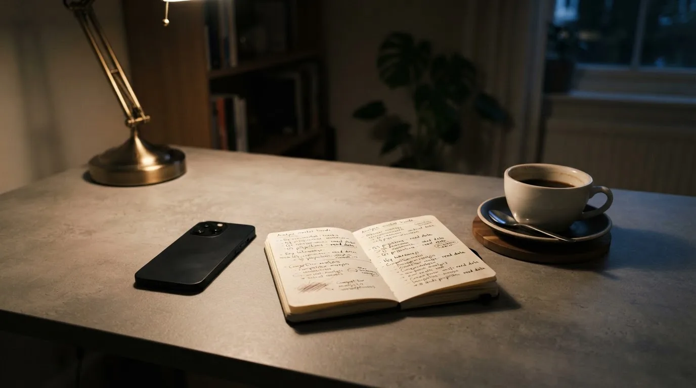 Ein Smartphone liegt mit dunklem Display auf einem Schreibtisch neben einem Notizbuch und einer Kaffeetasse.