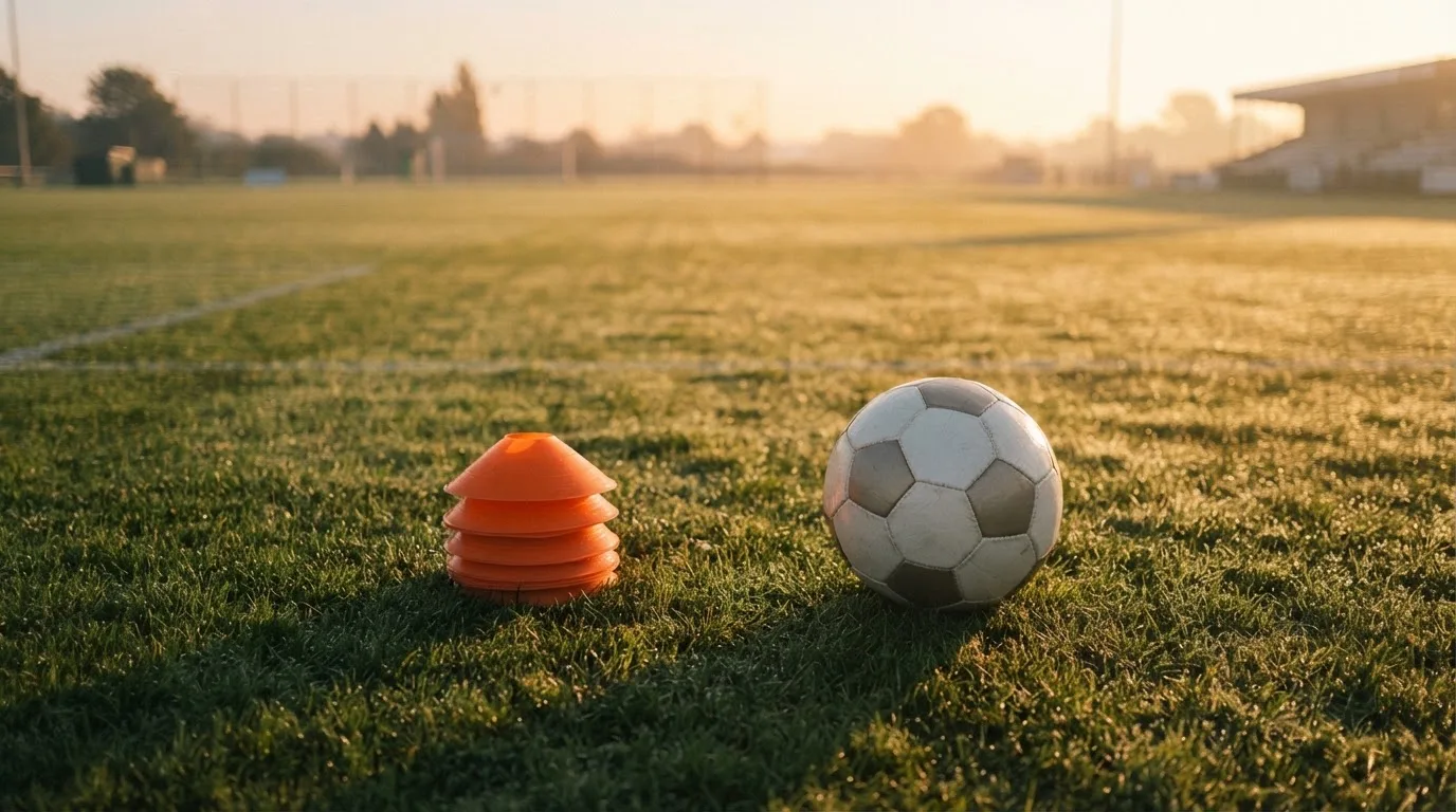 Ein Fußball liegt auf einem Rasenplatz bei Sonnenaufgang, daneben ein kleiner Stapel Trainingshütchen.
