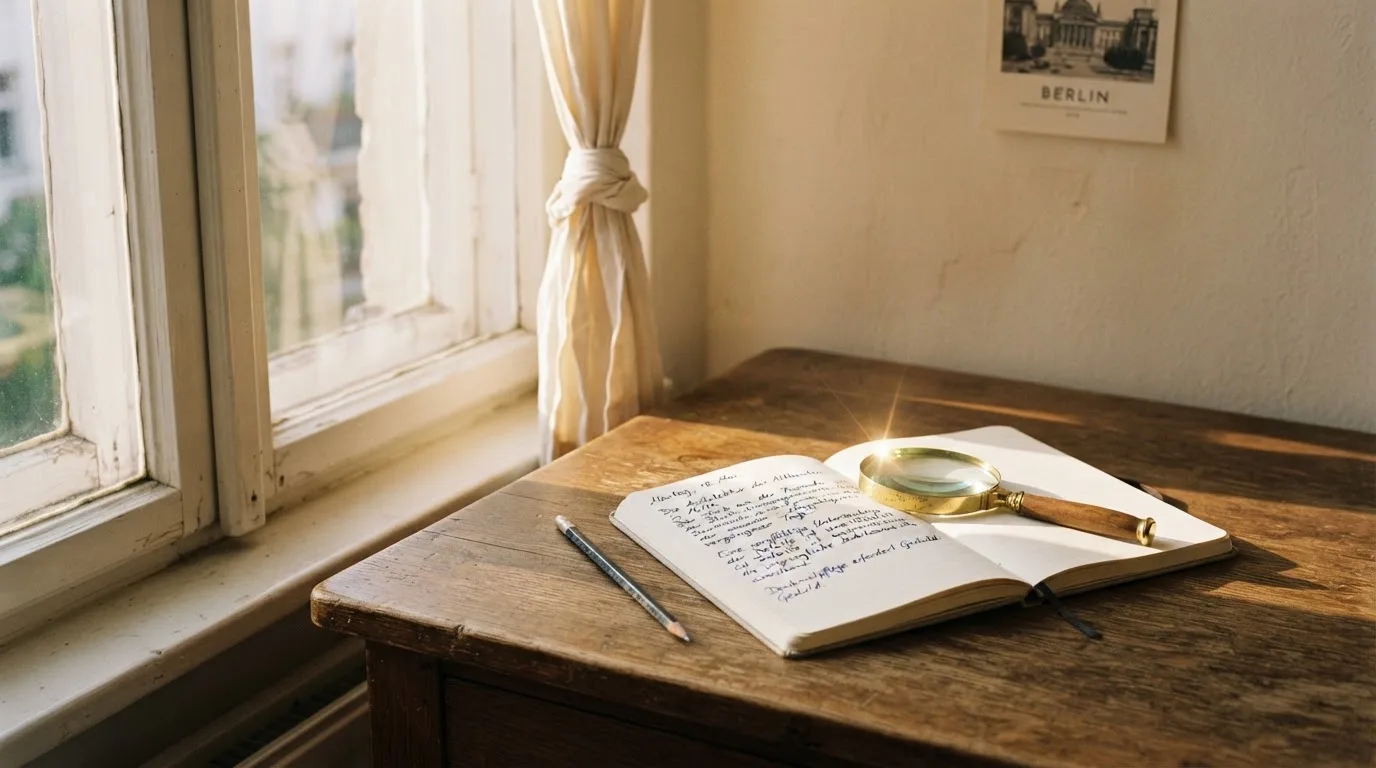 Ein schmaler Schreibtisch am Fenster mit einem Notizbuch, einer Lupe und einem Bleistift im Morgenlicht.
