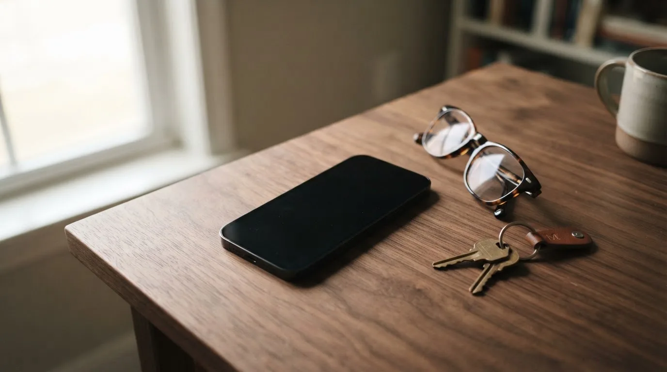Ein Smartphone liegt mit dunklem Display auf einem Schreibtisch neben einem Schlüsselbund und einer Brille.