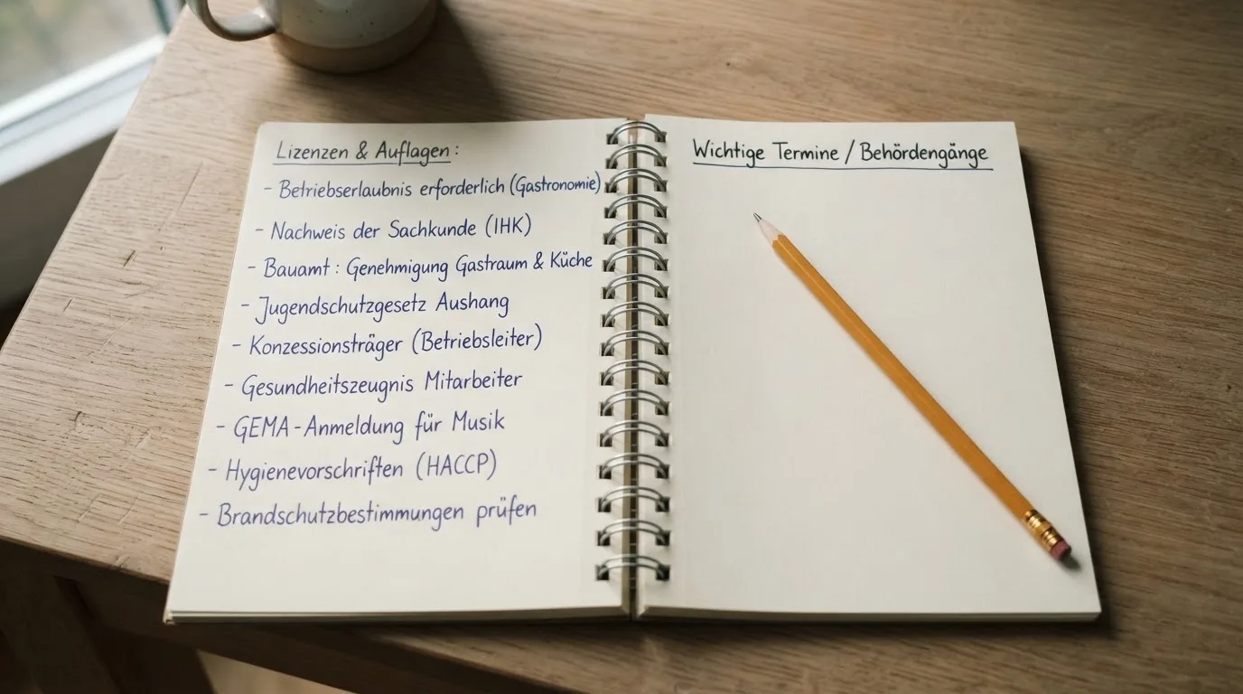 Ein Notizbuch mit handgeschriebenen Stichpunkten und ein Bleistift liegen auf einem Holztisch im Morgenlicht.
